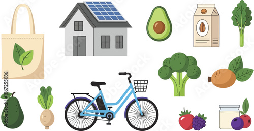 Sustainable living elements eco friendly home food transport and a healthy lifestyle