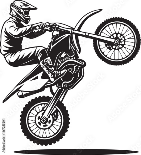 Motocross Dirt Bike Rider Performing Wheelie Stunt Silhouette Vector Illustration