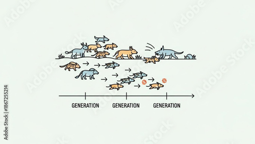 Evolution of Animals Across Generations Illustrated in Simple Line Art Style