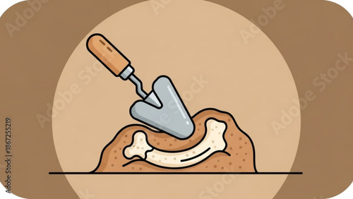 Archaeologist Trowel Uncovering Fossil Bone in Dirt during Excavation