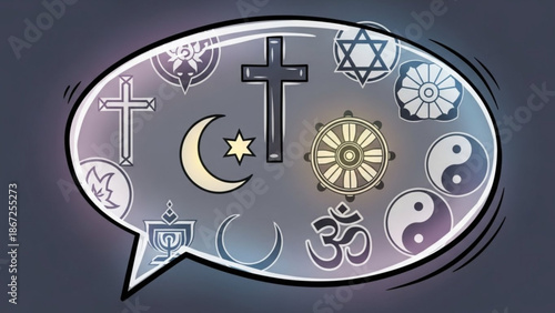 A vector graphic illustration of various religious symbols in a speech bubble