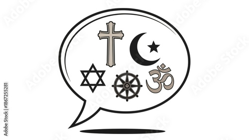 A vector graphic illustration of various religious symbols in a speech bubble