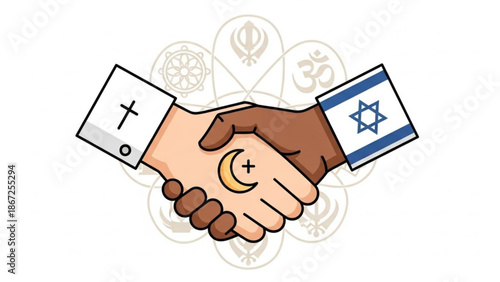 A vector graphic illustration of two hands shaking in friendship and unity with religious symbols
