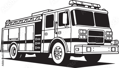 Fire Truck Black and White Line Art Illustration Isolated on White