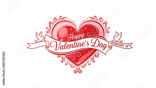 バレンタイン, バレンタインデー, Happy Valentine's Day, ハート, リボン, イラスト, 赤, 鳩, デザイン, 愛, ロマンチック