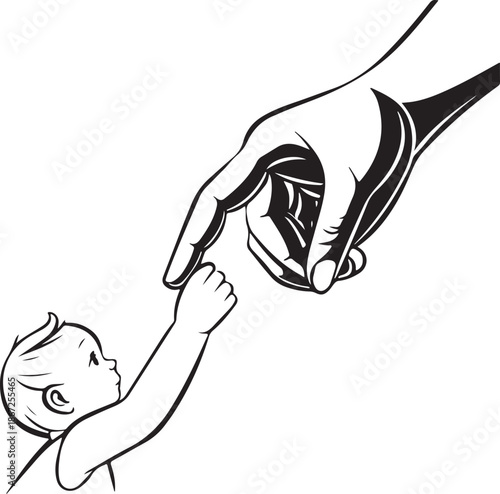 Parent and baby hands connection line art, trust and bond illustration