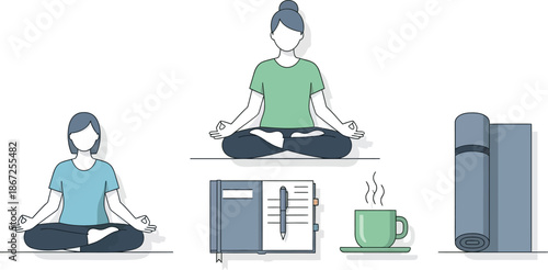 A peaceful scene depicting two women meditating with yoga accessories nearby