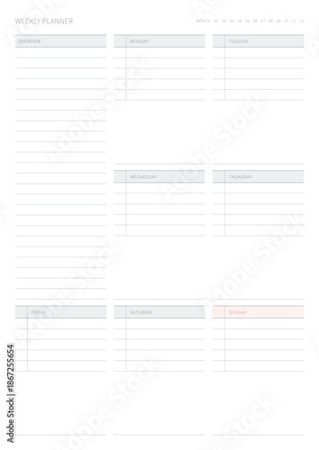 A weekly plan design template in a modern, simple, and minimalist style. Note, scheduler, diary, calendar, planner document template illustration.
