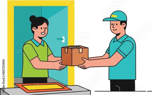 A delivery person handing a package to a smiling woman at her doorway