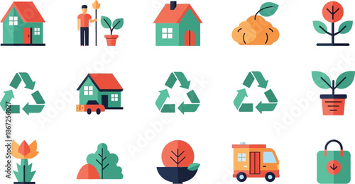 Colorful flat icons depicting houses plants recycling and eco friendly concepts