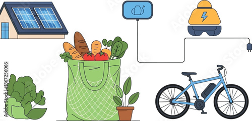 Sustainable living solar power electric transport fresh food and eco friendly choices