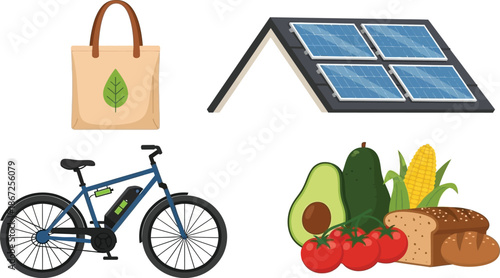 Sustainable living eco friendly choices including renewable energy shopping food and transport