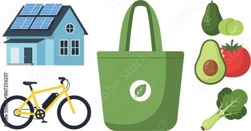 Sustainable living elements solar powered house eco bag bicycle and fresh produce