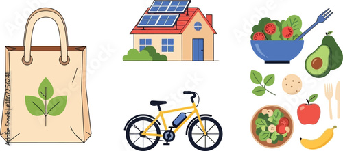 Sustainable lifestyle elements eco friendly home transport food and reusable shopping