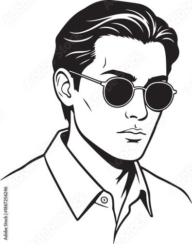 Black and white pop art portrait of a stylish man in round sunglasses.