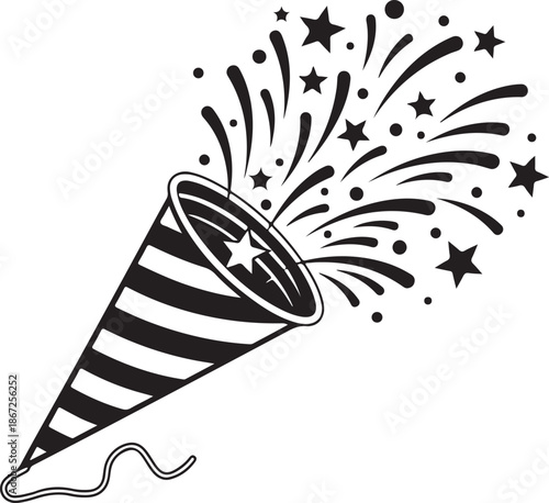 Exploding Party Popper Icon Black and White Confetti Stars Celebration Graphic