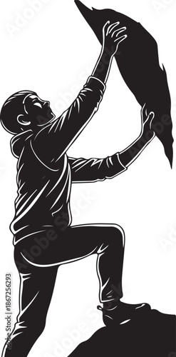 Dynamic Black and White Illustration of Climber Bouldering and Reaching Up