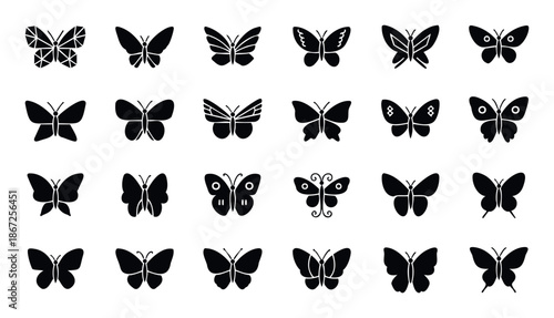 Diverse collection of black butterfly silhouettes providing various abstract and decorative insect icons for spring themes, natureinspired projects, and elegant graphic designs
