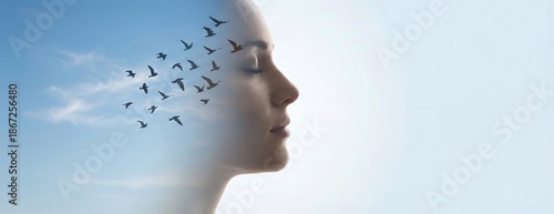 Double exposure portrait of human face with flying birds, artistic double exposure silhouette in open sky, abstract double exposure for freedom and new beginning concept.