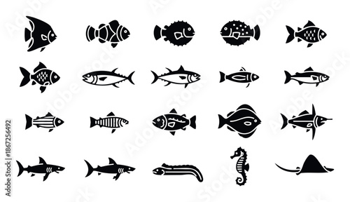 Diverse marine fish and aquatic animals collection in a simple black silhouette style, perfect for educational materials, restaurant menus, or oceanthemed graphic projects.