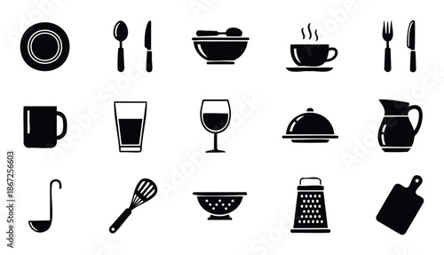 Collection of essential kitchen and dining utensils presented as graphic silhouettes for culinary websites, restaurant menus, cooking blogs, and domestic interior design applications