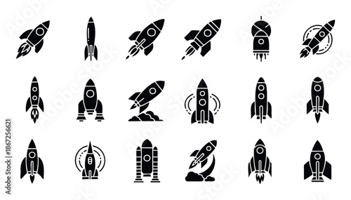 A collection of diverse rocket icons symbolizing innovation, startup ventures, space exploration, and technological advancement, ideal for use in digital applications, business