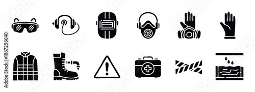 Essential personal protective equipment and hazard warning symbols for industrial safety guidelines and workplace security applications promoting health precautions and regulatory compliance