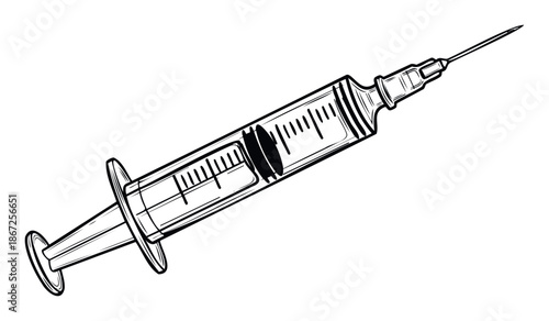 Black line drawing of a medical syringe for vaccination, injection, and drug delivery concepts in healthcare and pharmaceutical related educational presentations.