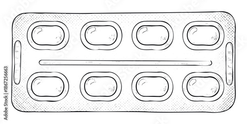 Empty blister pack handdrawn outline depicting a common pharmaceutical item with eight compartments, ideal for medical presentations, health awareness, and wellness product advertisements.