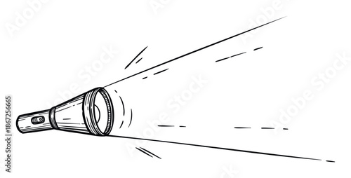 Monochrome sketch of a powerful handheld flashlight casting a bright light beam, ideal for emergency readiness survival preparedness or adventure exploration themed visuals