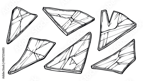 Collection of hand drawn broken glass fragments with sharp edges and cracks, perfect for adding a sense of destruction or fragility to various graphic projects