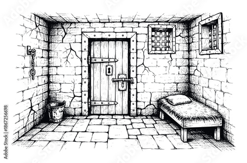 Handdrawn medieval prison cell interior with stone walls, a heavy wooden door, barred windows, and a humble bed, perfect for historical narratives or game design elements