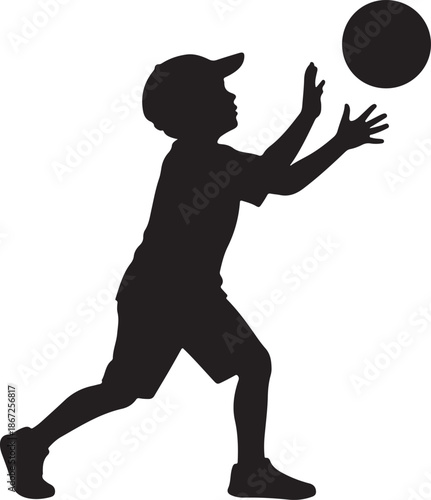 Young boy in cap catches ball, black silhouette isolated on white