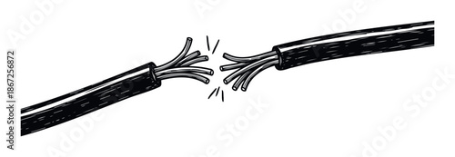Broken electrical cable with exposed wire strands and symbolic sparks depicting a dangerous power circuit fault or connection disruption for safety instructions