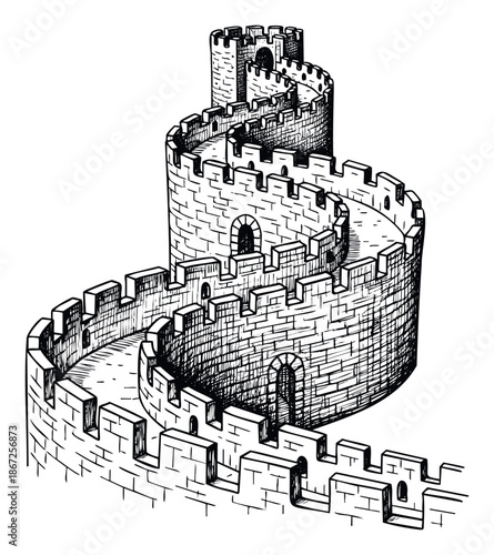 Winding medieval fortress wall with guard towers and battlements in a dynamic spiral view suitable for historical themes and architectural defense concepts