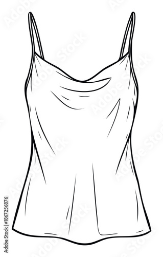 Elegant womenswear sketch featuring a chic cowl neck camisole with delicate spaghetti straps, perfect for apparel production, clothing catalogs, or fashion education resources.