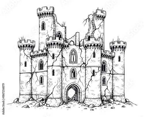 Ancient stone fortress stands in ruin with crumbling towers and archways, perfect for historical books, mythology tales, or medieval themed game graphic assets