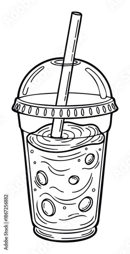 Refreshing cold beverage in a clear disposable plastic cup with a dome lid and a straw, ideal for summer drink menus, cafe promotions, and cool refreshment concepts.