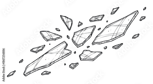 Hand drawn style scattered broken glass fragments depicting destruction and fragility, perfect for graphic design overlays, dramatic visual effects, and impactful digital compositions.