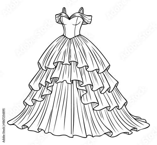 Chic offshoulder dress drawing featuring a fitted bodice and voluminous ruffled layers suitable for party printables and costume design projects