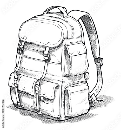 Sturdy utility backpack with multiple pockets and adjustable straps rendered in a classic monochrome sketch suitable for outdoor adventure themes, travel campaigns, and graphic materials.