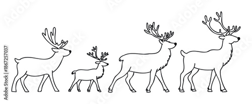 Stylized outline deer family standing together, from small fawn to large stag, perfect for nature themed graphics and winter holiday season designs