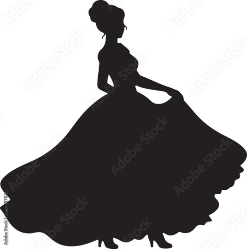 Black silhouette of a woman in a long flowing ball gown dress and heels