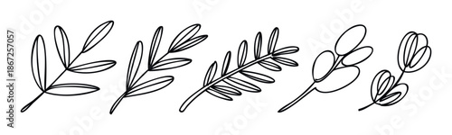 Versatile set of minimalist linear leaf and branch motifs suitable for creating contemporary botanical themed logos, emblems, stickers, and decorative assets