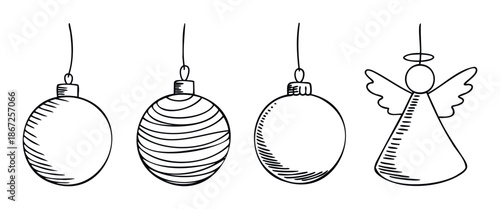 Collection of hand drawn holiday ornaments including festive baubles and a graceful angel perfect for winter season greeting cards and celebrations