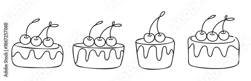 Sweet dessert treats depicted as outline cakes adorned with fresh cherries perfect for food related promotions recipe blogs or event decoration