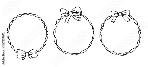 Elegant hand drawn wavy line circular frames with decorative bows perfect for creating charming invitations greeting notes or scrapbooking projects