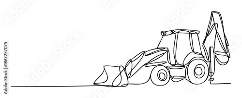 Continuous line drawing of a powerful construction backhoe loader machine performing excavation tasks, perfect for industrial equipment advertisements or building project presentations.