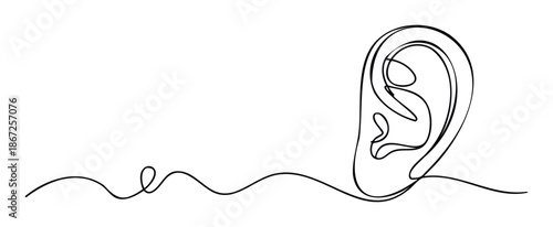 Continuous line drawing of a human ear connected to a sound wave, symbolizing listening, hearing, and audio communication for modern media and health content