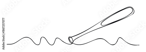 Dynamic one line drawing of a baseball bat producing a continuous wavy stroke, excellent for sportsrelated marketing materials and engaging graphic applications.
